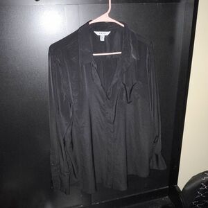 Lightweight Classic Drapey Satin Black Button Down Blouse - Petite XL